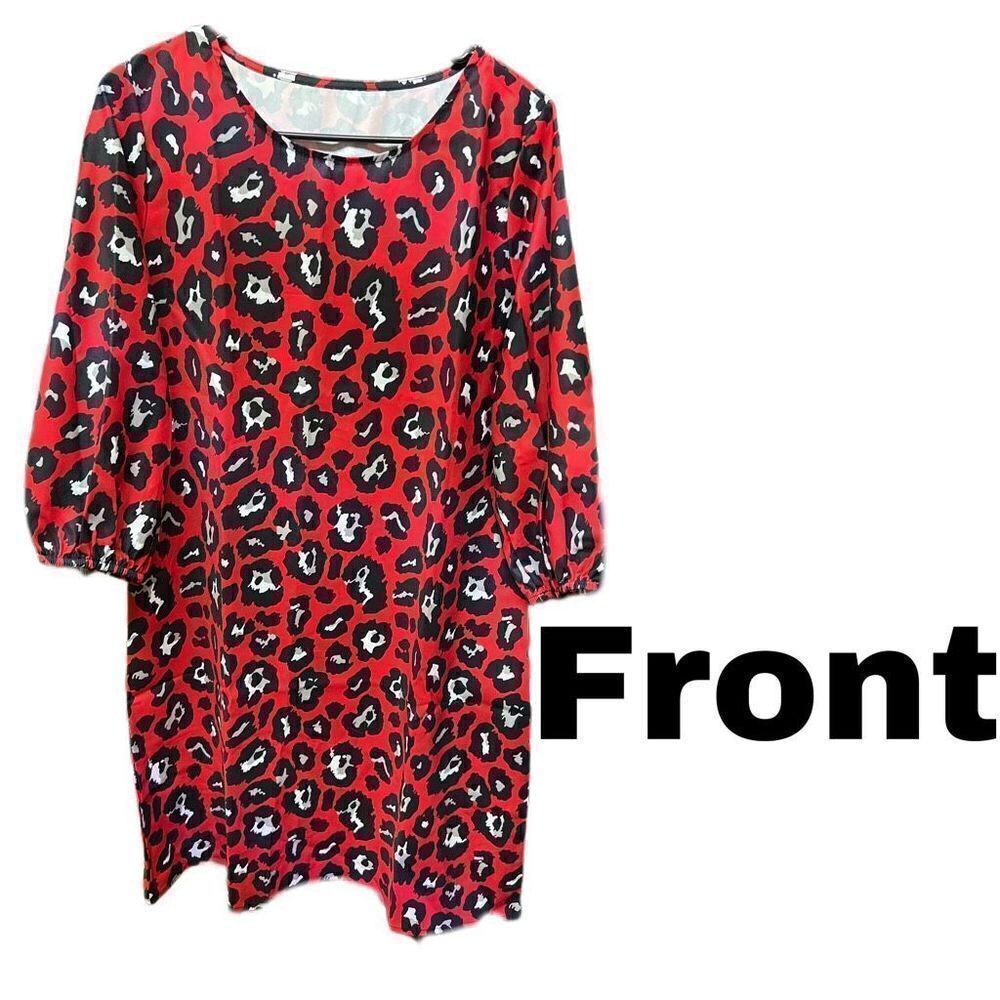 Women's Leopard Print Dress 3/4 Sleeve Shift Elastic Cuff Midi Red Large